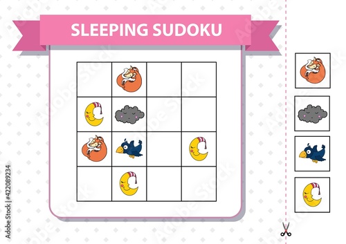 Printable sudoku game for children with pictures. Kids activity sheet. Training logic, educational game. Star, crescent, cloud. Vector