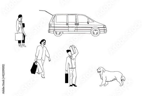 People carry bags from a car.