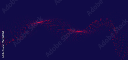 Abstract flowing red wavy lines dots particles on dark blue background