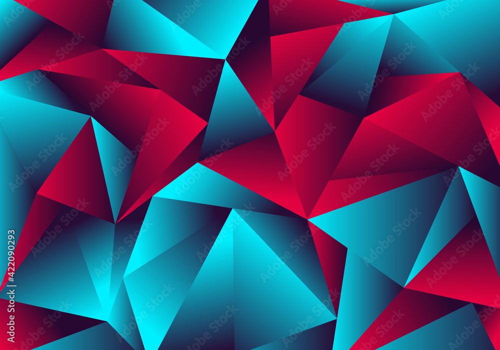 Fototapeta premium Abstract low polygon red blue gradient color neon light with a reflection on triangle background texture