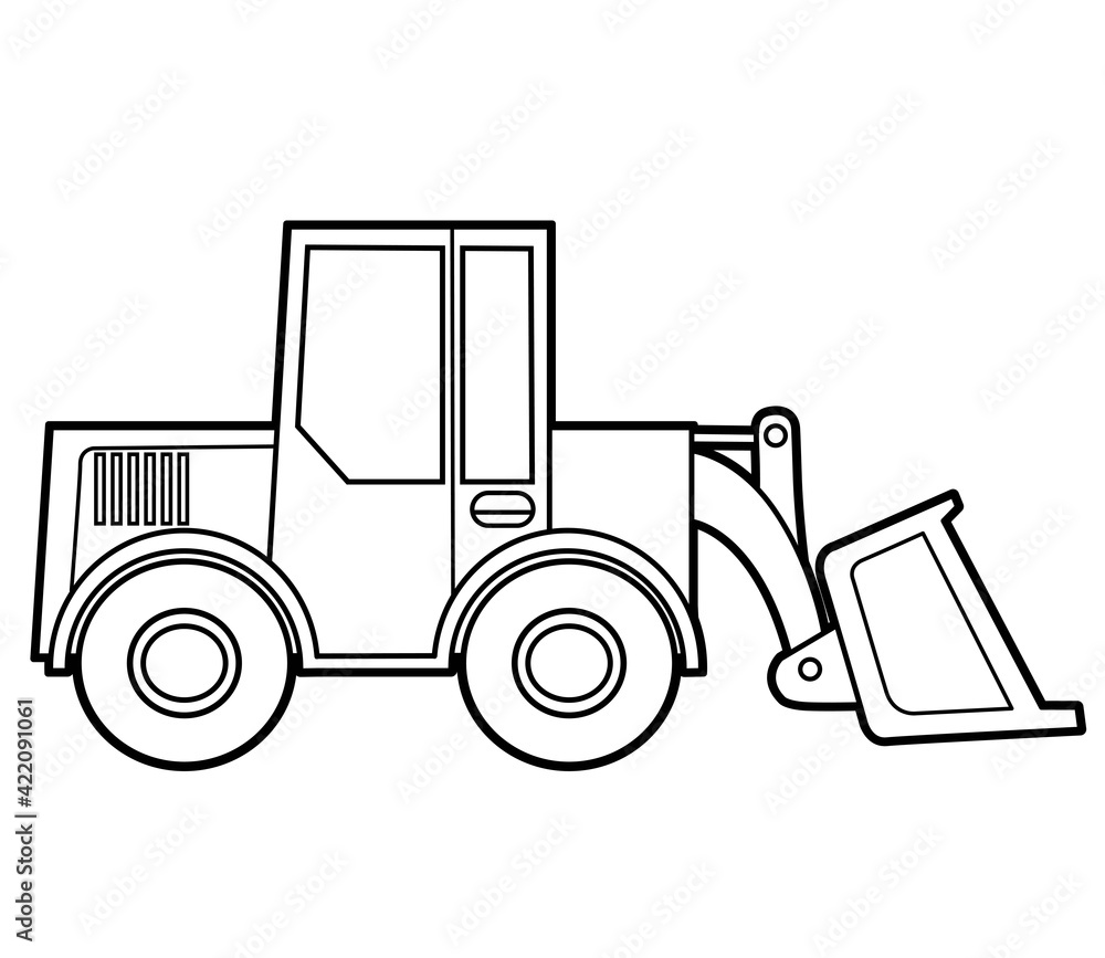 Cartoon wheeled bulldozer outlined for coloring on a white background