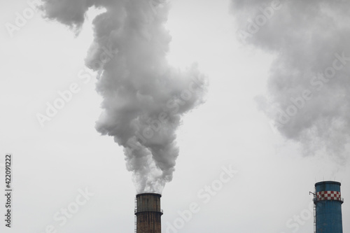 Chimney of a power station during a cold winter day in Bucharest.