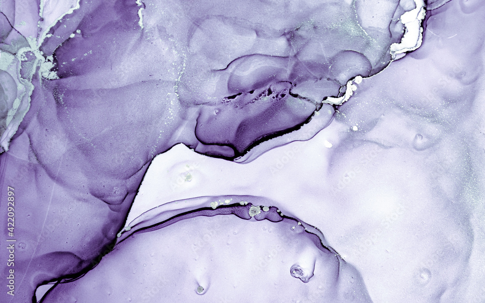Fototapeta premium Purple Liquid Paint. Metallic Gray Acrylic Ink Mix. Marble Abstract Effect. Gradient Liquid Paint Waves. Watercolour Fluid Drops. Smoke Alcohol Art Pattern. Flow Liquid Paint.
