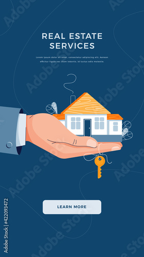 Real estate agency banner. Broker's hand giving house keys for home purchase. Deal sale, property purchase, real estate agency servise concept concept for website design. Flat vector illustration