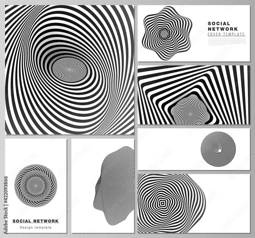 The minimalistic abstract vector layouts of modern social network mockups in popular formats. Abstract 3D geometrical background with optical illusion black and white design pattern.