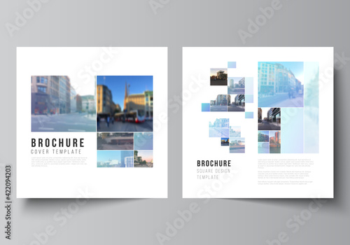 Vector layout of two square format covers templates for brochure, flyer, magazine, cover design, book design, brochure cover. Abstract design project in geometric style with blue squares.