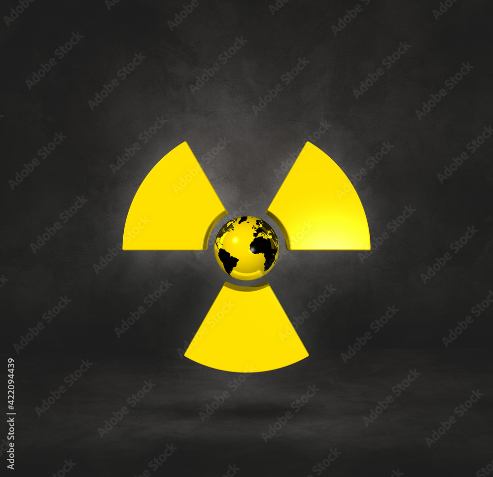 World map on Radioactive symbol. Black studio background World map on Radioactive symbol. Black studio background
