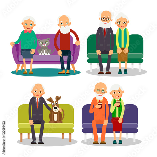 Set older couple on the sofa sitting elderly woman and man. Pensioner with dog and cat. Old people with animal and furniture. Grandparents at home on couch with a pet. Illustration in flat style