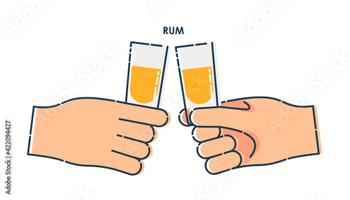 Two human hand holding a glass of rum. Line art design element on white background. Fingers person with stack with strong alcohol. Concept of time to drink alcohol. Modern graphic style illustration