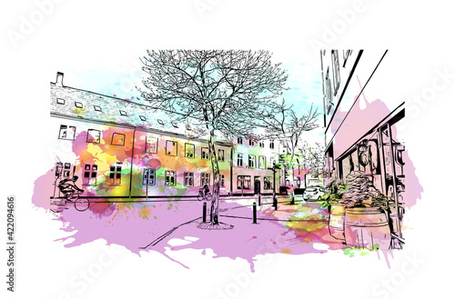 watercolor street scene with buildings and tree clip art preview