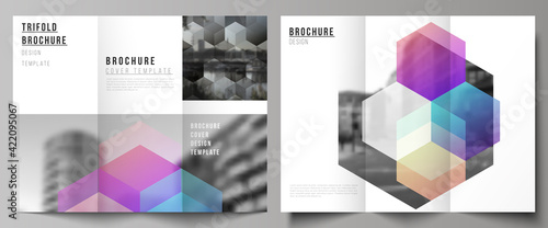 Vector layouts of covers design templates with colorful hexagons, geometric shapes, tech background for trifold brochure, flyer layout, magazine, book design, brochure cover, advertising mockups.