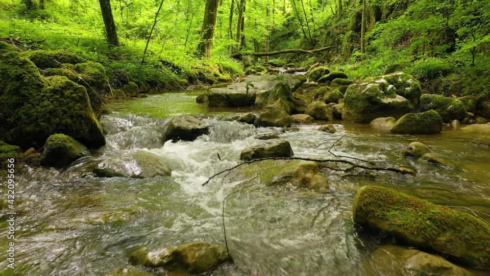 Flying against beautiful clear forest stream with mossy green rocks and idilic scenery. Flying against beautiful clear forest stream with mossy green rocks and idilic scenery.