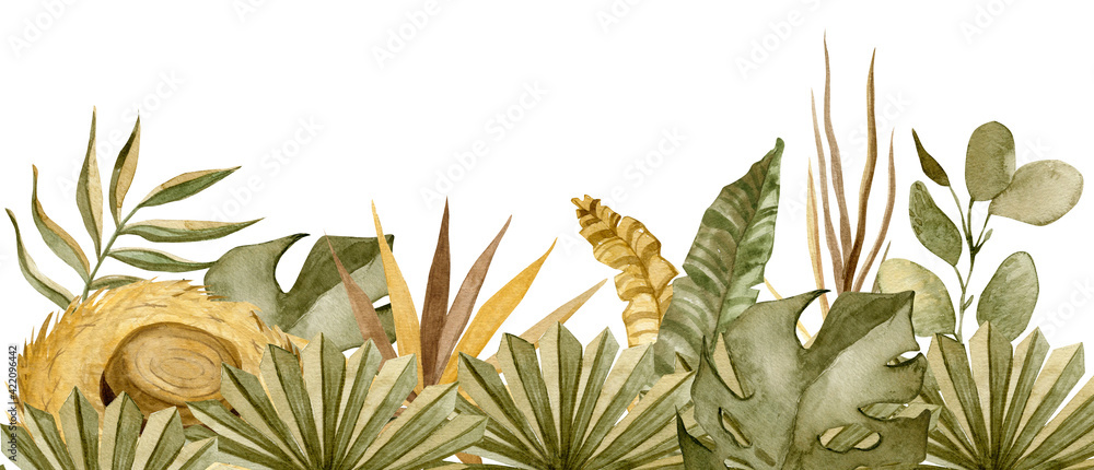 Watercolor frame with dried tropical palm leaves and flowers in boho ...