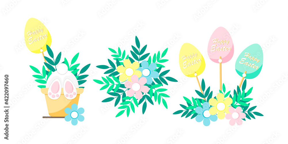 Happy easter collection with rabbit paws in pot,pastel colorful eggs and simple flowers compositions.Cute holiday vector illustration. Happy easter collection with rabbit paws in pot,pastel colorful eggs and simple flowers compositions.Cute holiday vector illustration.