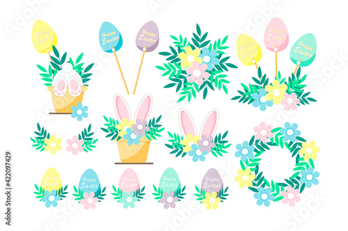 Happy easter collection with easter eggs,rabbit,simple flowers compositions and wreath.Cute holiday elements.Vector illustration.