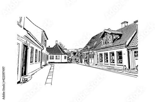Building view with landmark of Odense is the third largest city in Denmark. Hand drawn sketch illustration in vector.