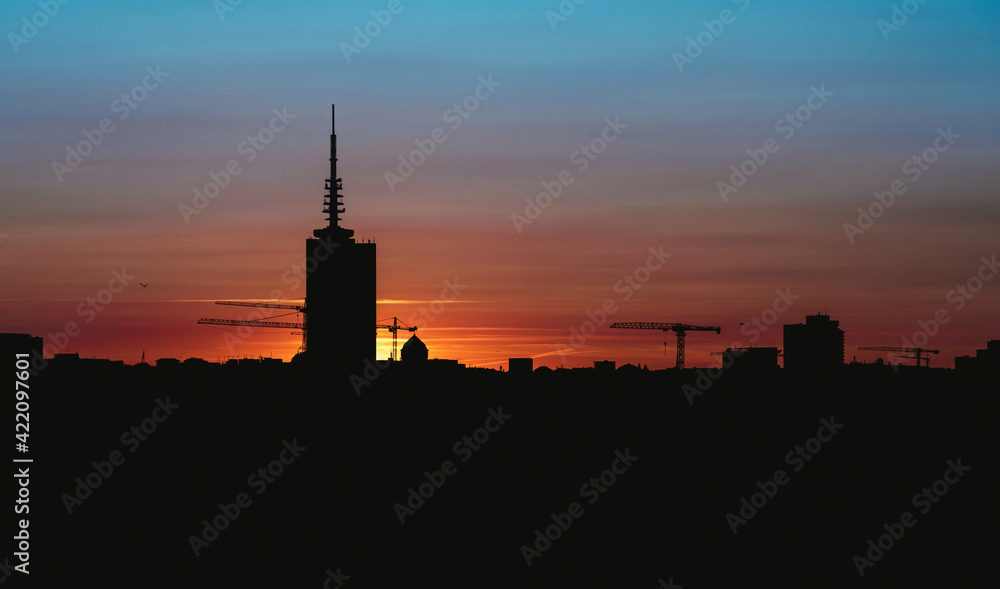 Sunset City Silhouette Skyline with Cranes Beautiful Colors Hamburg Germany