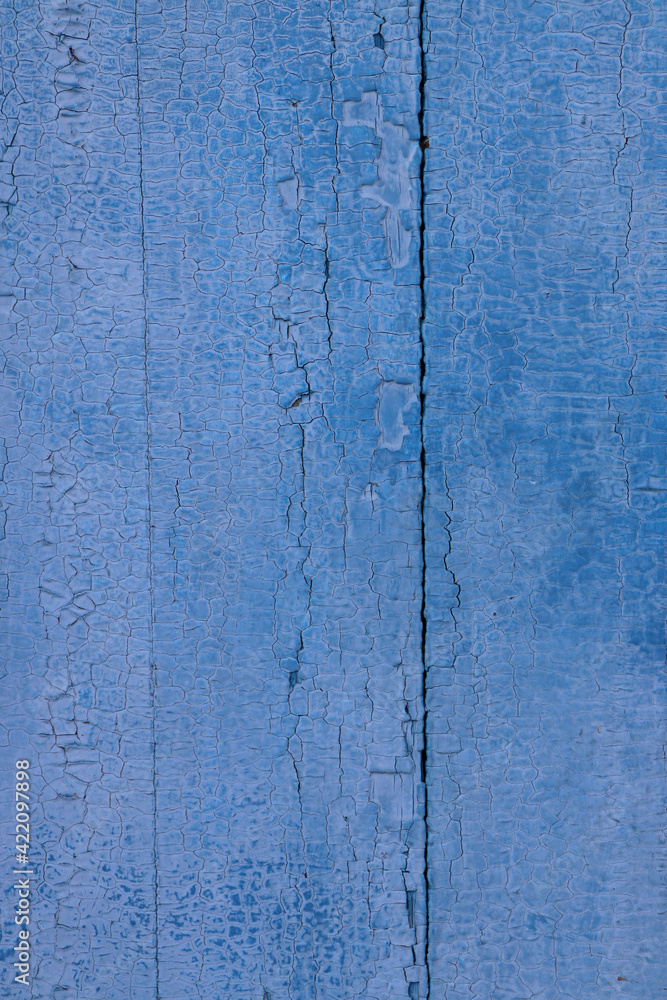 Light blue painted wood textured background. Cracked weathered wooden texture. Copy space 