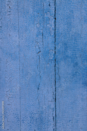 Light blue painted wood textured background. Cracked weathered wooden texture. Copy space 