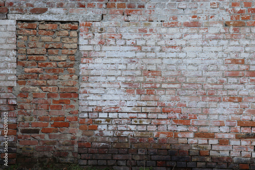 Blocked up a doorway or entryway in a red and white brick wall. Bricked up door. No exit. Old brick wall background. 
