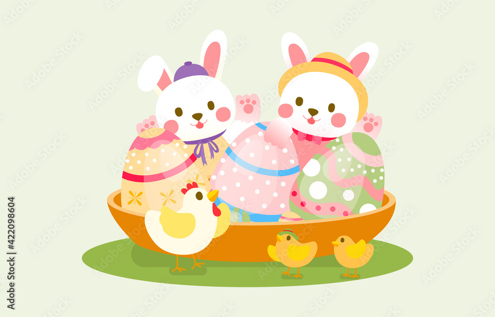 Happy Rabbits And Happy Chickens With Basket Full of Easter Egg, Vector, Illustration Happy Rabbits And Happy Chickens With Basket Full of Easter Egg, Vector, Illustration