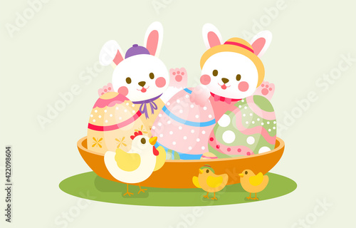 Fototapeta Naklejka Na Ścianę i Meble -  Happy Rabbits And Happy Chickens With Basket Full of Easter Egg, Vector, Illustration