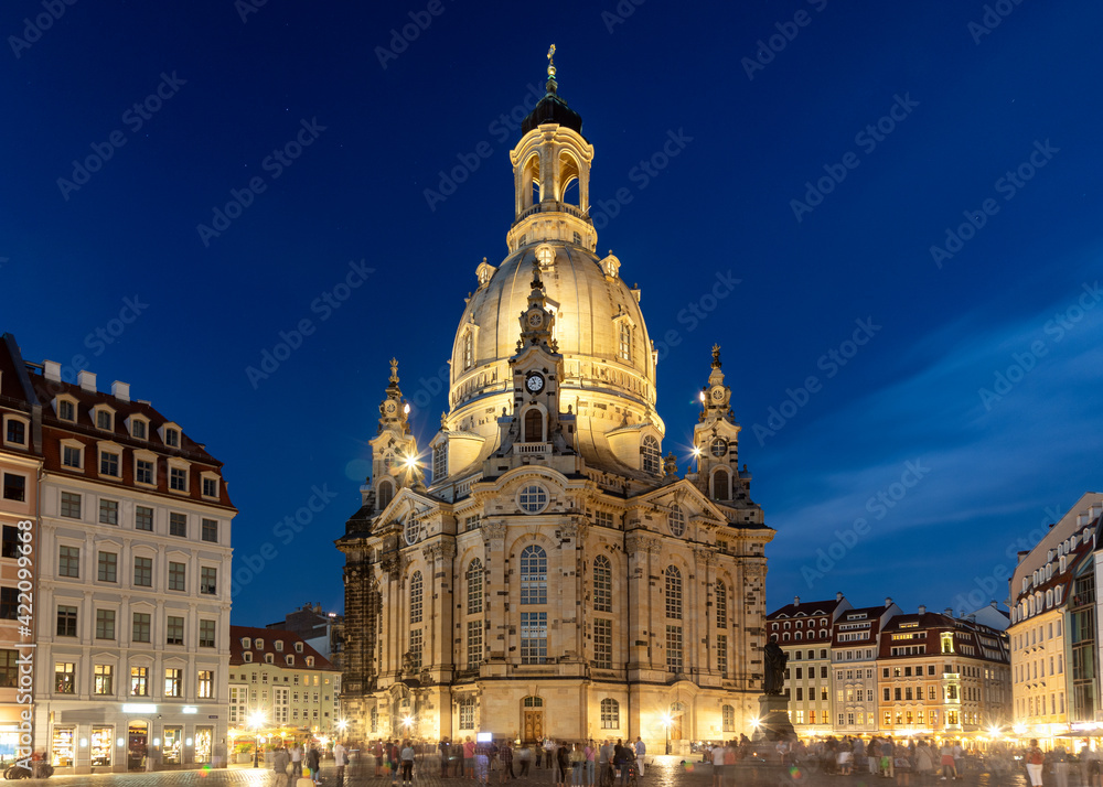 Baroque Facade of Dresden Frauenkirche during the blue hour