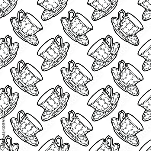 Seamless background with tea cups. Hand-drawing exquisite tableware. Black outline. Coloring page. 