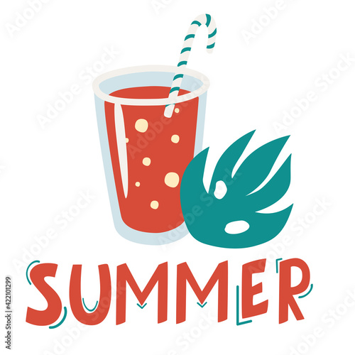 Summer cocktail with tube and a palm leaf. Lettering the word summer. Cute summer poster. Cocktail icon. Cocktail glass with drink icons for menu, web and graphic design. Cartoon Flat Illustration