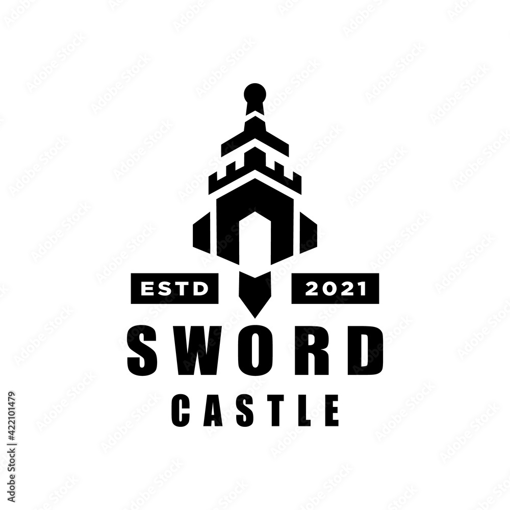 Sword and Castle Logo Combination. Vector illustration emblem design on white background. Modern, clean and strong design. Sword and Castle Logo Combination. Vector illustration emblem design on white background. Modern, clean and strong design.