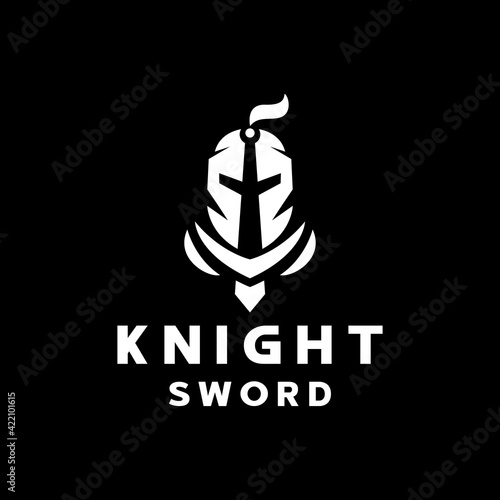 Knight Sword Logo. Vector illustration on black background. Creative logo  combination sword and knight's head. Modern and classic logo combination using negative space style.