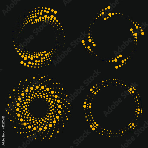 Set of abstract yellow shapes in circle form. Halftone dots. Gray background. Trendy design element for border frame, rounded logo, web, prints, posters, template, pattern and abstract background