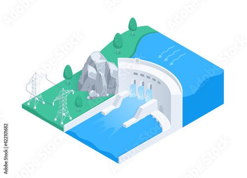 isometric vector illustration isolated on white background, hydroelectric power plant in landscape, green energy