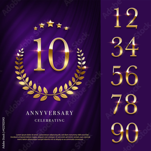 Anniversary logo with golden numbers template. 20th birthday, jubilee or wedding with laurel sign vector illustration. Invitation to celebrate. Shiny numbers on purple background