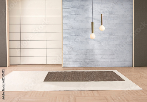 empty living room interior decoration wooden floor, stone wall concept. decorative background for home, office and hotel