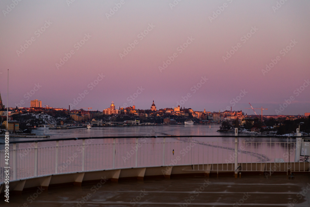 Sunrise and winter morning in Stockholm Sweden with frozen archipelago