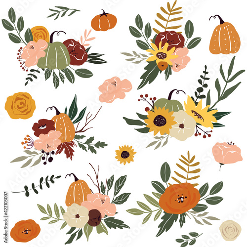 Vector autumn bouquets with sunflowers