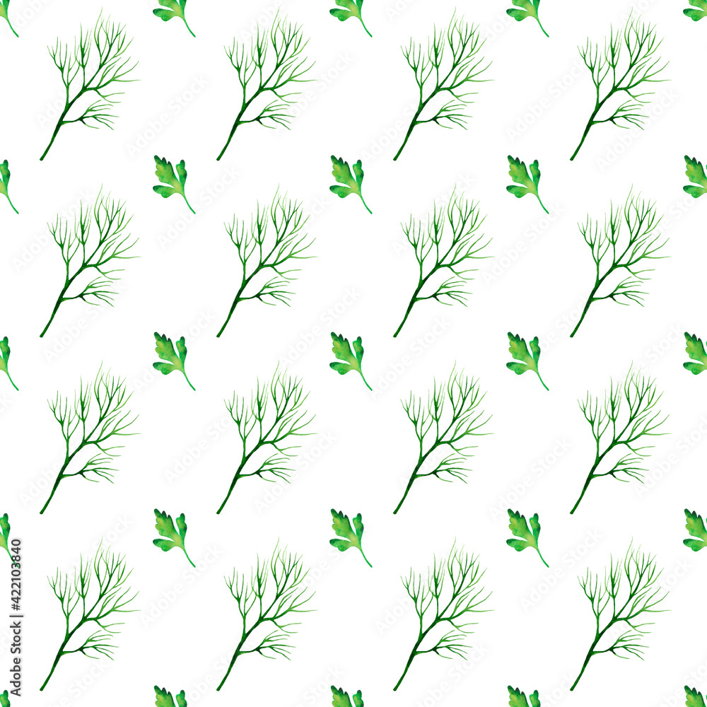 Green parsley and dill seamless pattern. Hand drawn grass watercolour. Food illustration on white background. Green parsley and dill seamless pattern. Hand drawn grass watercolour. Food illustration on white background.