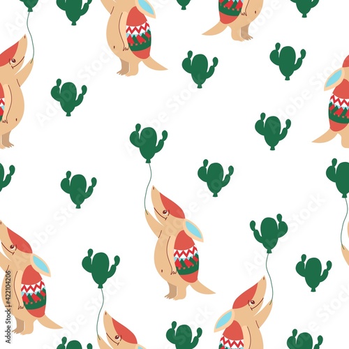 Seamless pattern. Baby armadillo character design. Cute and funny. Beige and red. Ornament on shell. With green cactus balloon. Cartoon style. For kids post cards, wallpaper, textile, wrapping paper