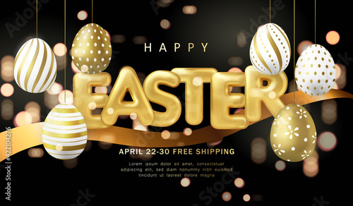 Happy Easter banner template golden luxury Easter eggs ribbon and ballon title letter with dark background shinny bokeh
