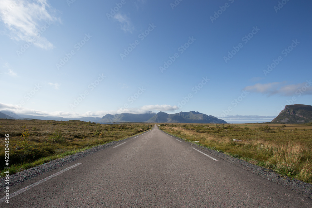 Fototapeta premium Road leading into the horizon with mountain in the background in Gimsoy, Lofoten, Norway