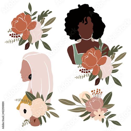 Vector abstract girl collection bundle with flowers and bouquets, wedding collection
