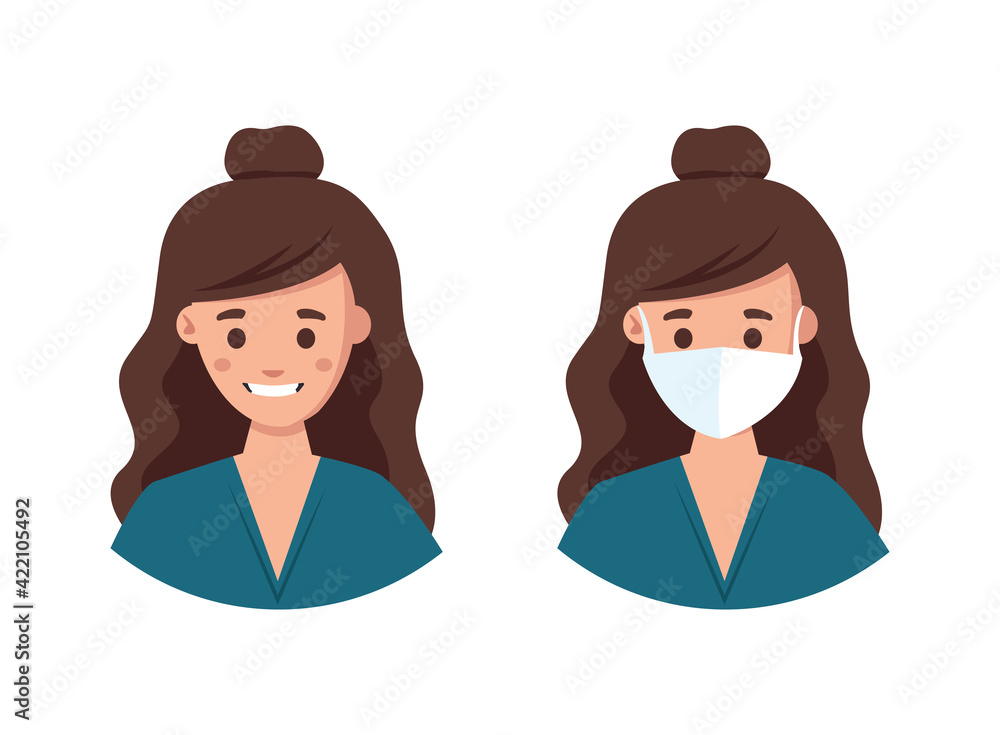 Fototapeta premium A woman with and without a medical mask. A mask is required.
