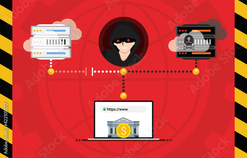 Hacker DNS hijack communication website concept. Robbers steal money from e-Banking, credit cards or online wallet system. Phishing scam, Internet fraud, Cyber attack, Electronic crime concept. Vector