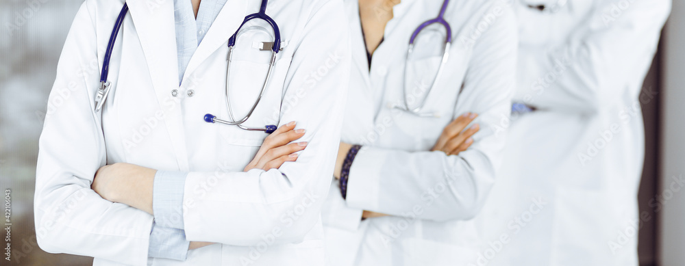 Group of professional doctors is standing as a team with arms crossed in clinic. Medicine concept during Coronavirus pandemic Group of professional doctors is standing as a team with arms crossed in clinic. Medicine concept during Coronavirus pandemic
