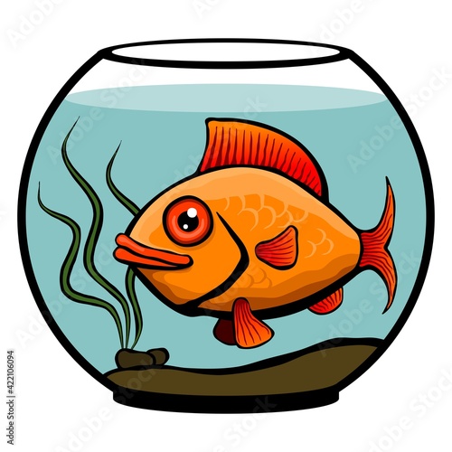 Round aquarium with goldfish on a white background. Fishbowl with fish in cartoon style. Vector illustration.