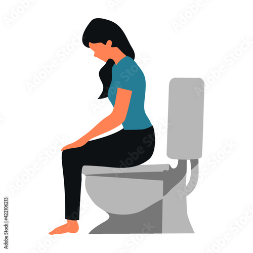 character woman peeing or poops urine sits on toilet on white background isolate Flat vector illustration