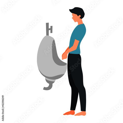 character man peeing urine toilet on white background isolate Flat vector illustration
