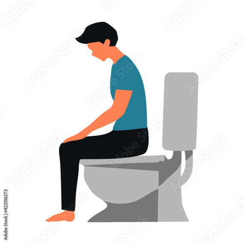 character man peeing or poops urine sits on toilet on white background isolate Flat vector illustration