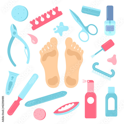 Set on the topic "Medical pedicure and Orthopedics". Vector isolated on a white background.